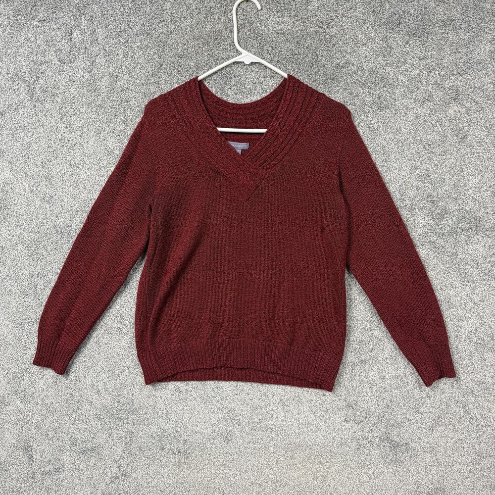 Laura Scott Sweater Womens L Red V-Neck Knit Coastal Winter Coquette Pullover